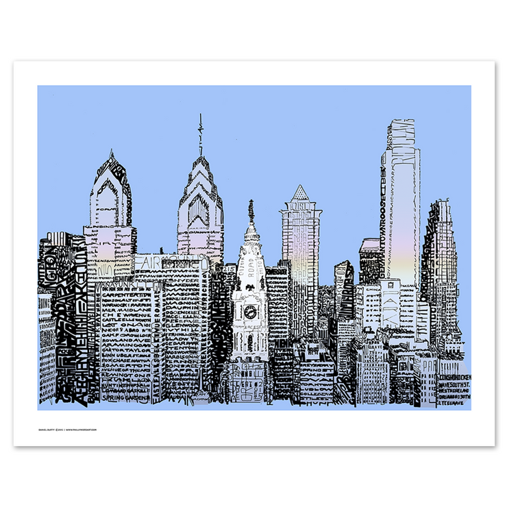 Unframed Philadelphia Skyline art poster made of handwritten words about Philly landmarks and more.